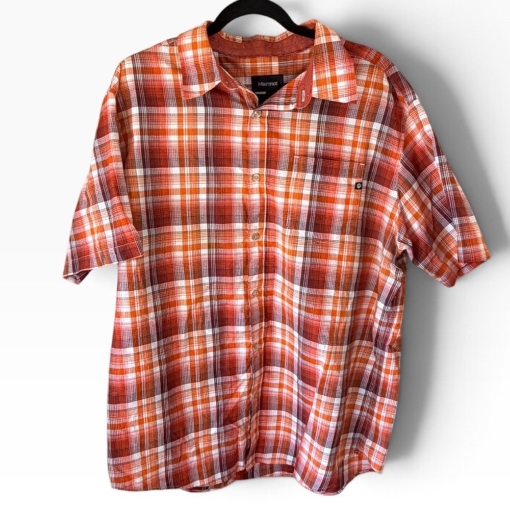 Marmot Orange Plaid Short Sleeve Outdoor Hiking Shirt Mens XL